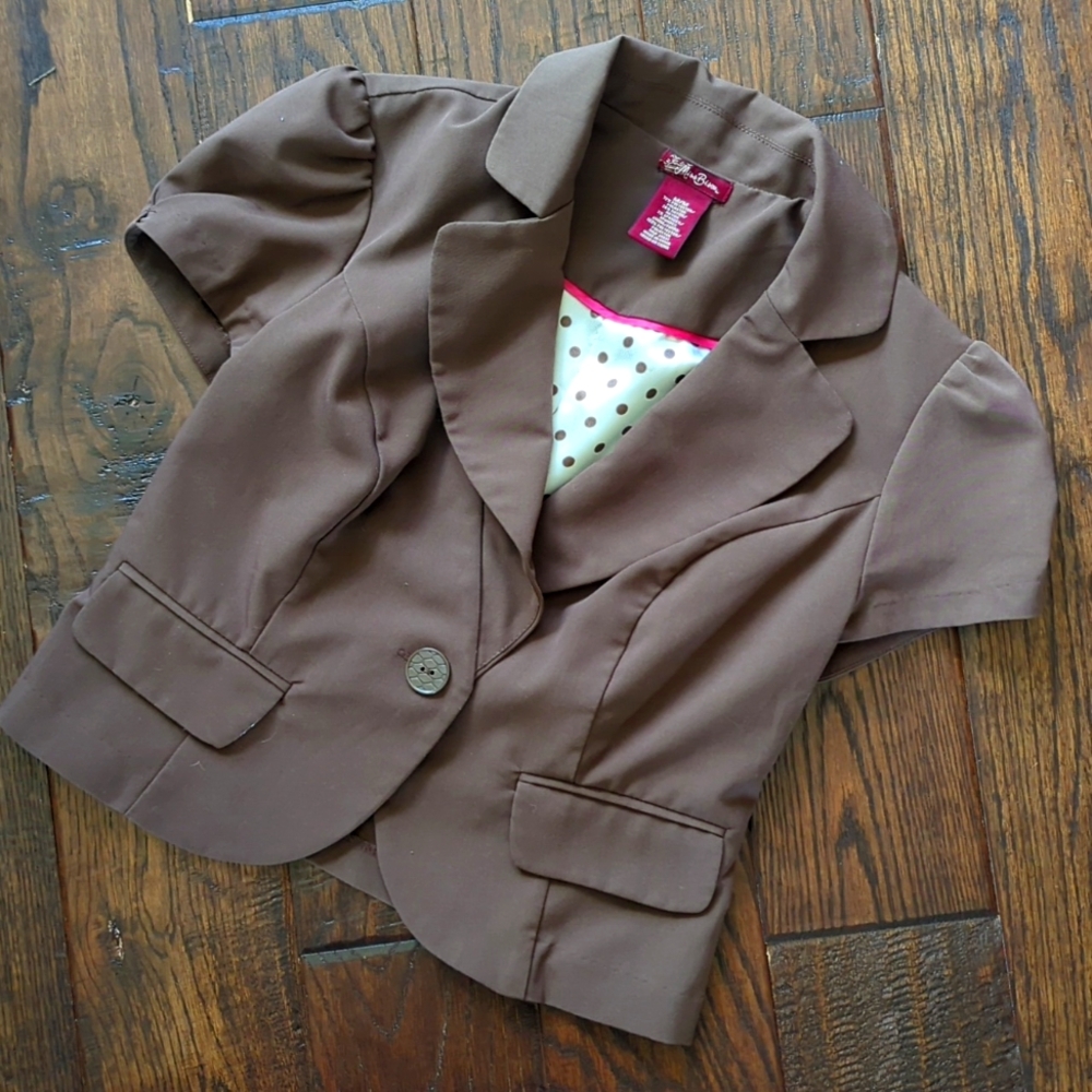 MISS BISOU I Cropped Brown Puffed Short Sleeve Blazer Jacket with Bow, M - Picture 2 of 13